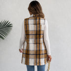 Back view of camel plaid double-breasted pocket long vest
