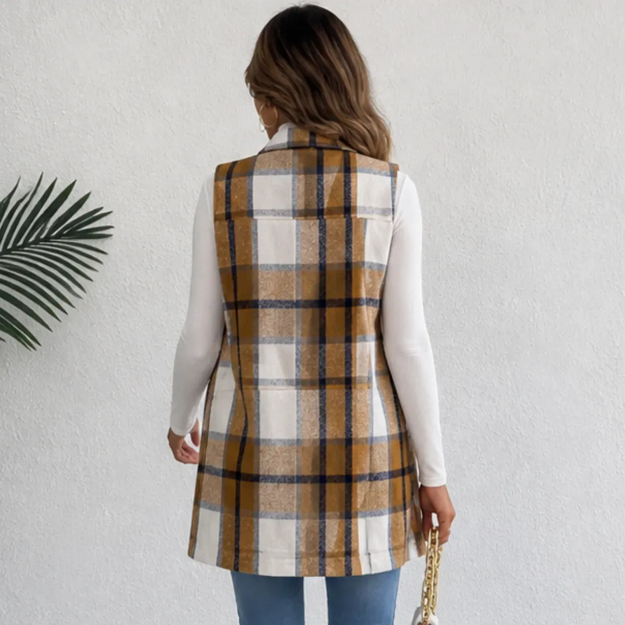 Back view of camel plaid double-breasted pocket long vest