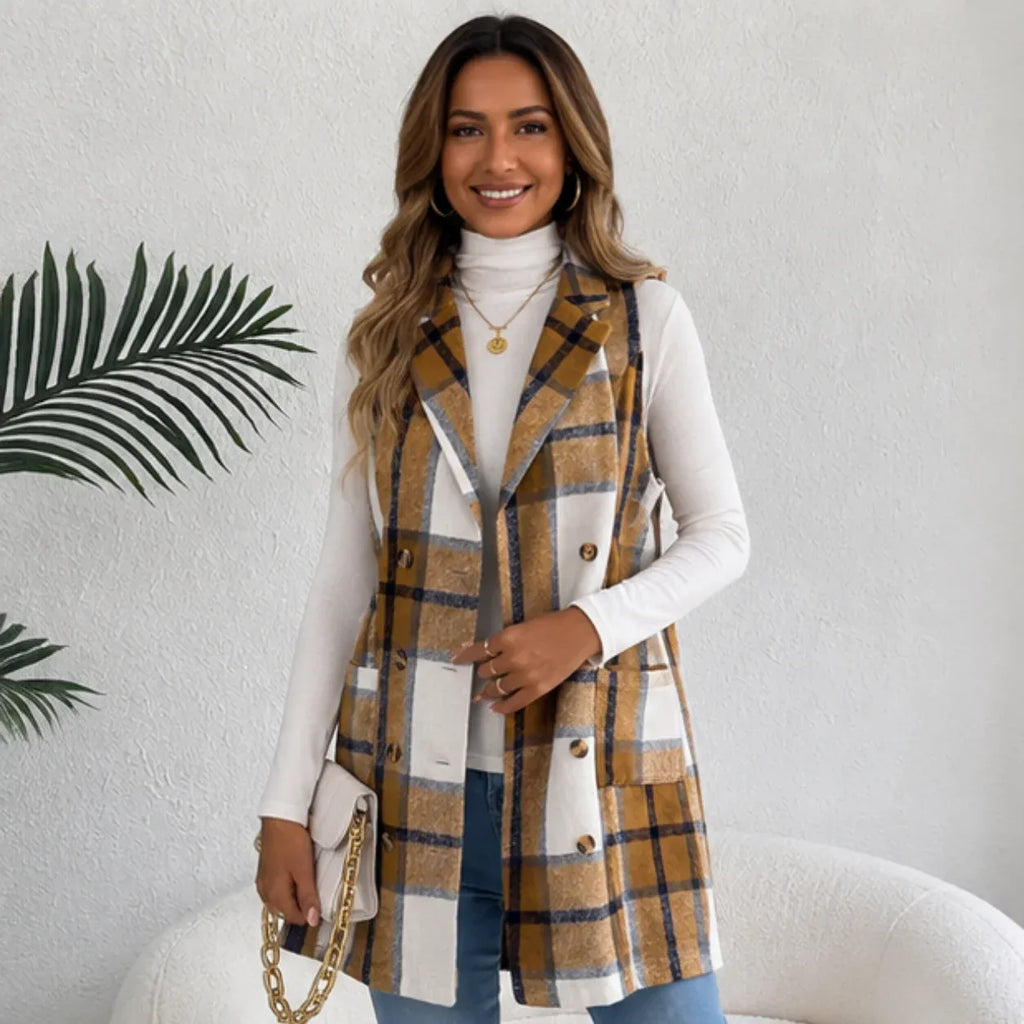 Front view of camel plaid double-breasted pocket long vest