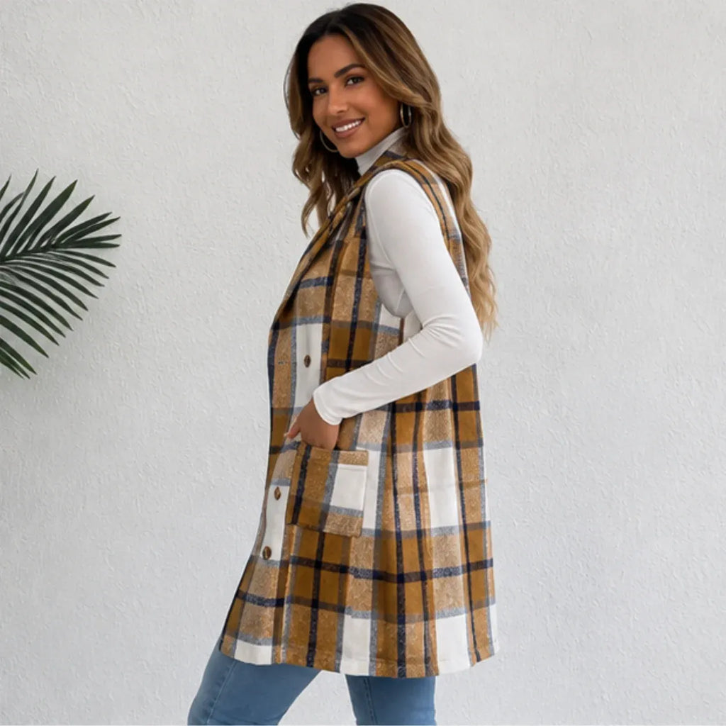 Side view of camel plaid double-breasted pocket long vest