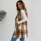 Side view of camel plaid double-breasted pocket long vest