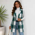 Green and white plaid double-breasted pocket long vest