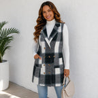 Navy and white plaid double-breasted pocket long vest