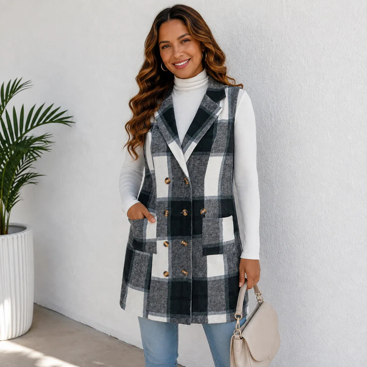 Navy and white plaid double-breasted pocket long vest