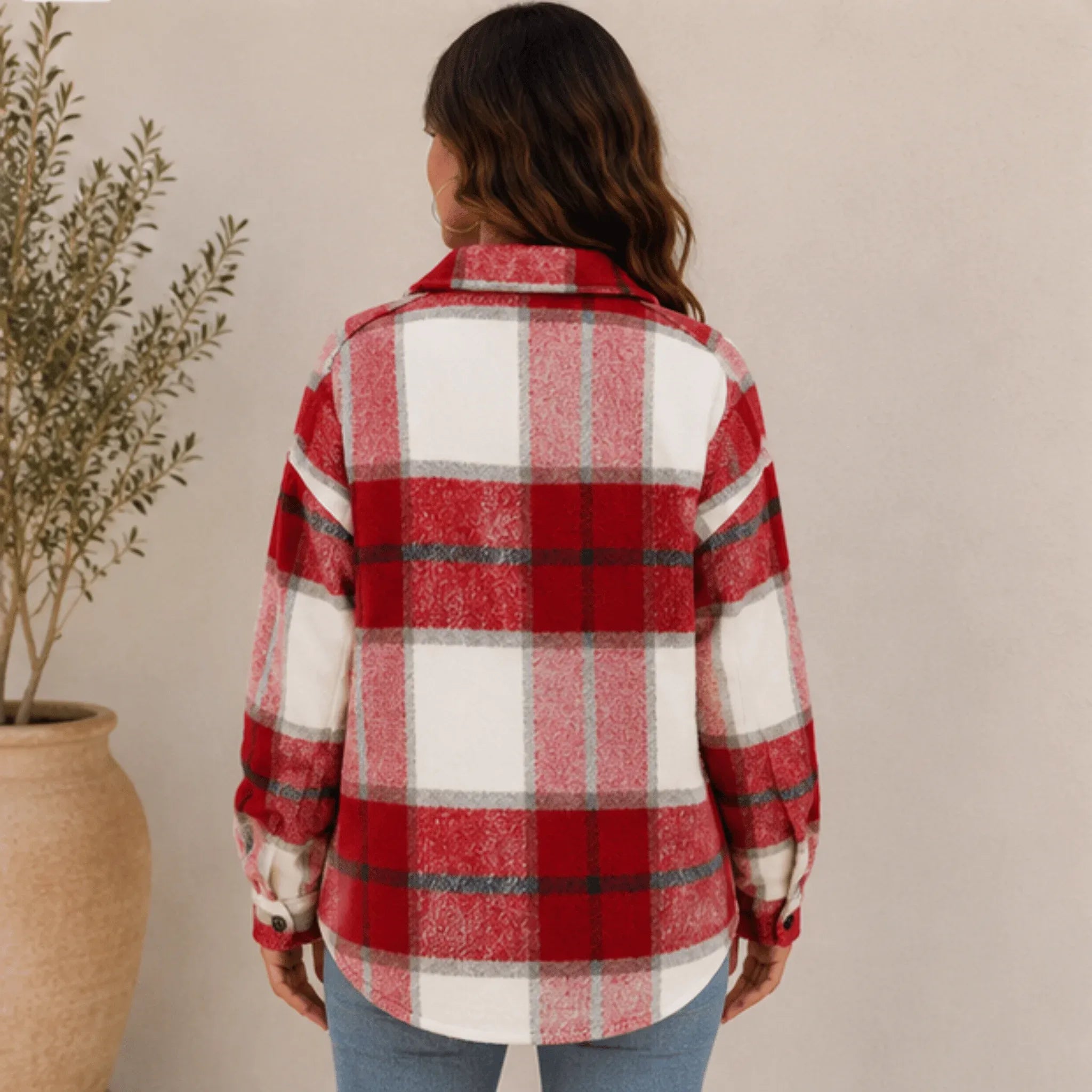 Back view of the women's wine red plaid flannel button-up jacket featuring a loose fit, classic plaid pattern, long sleeves, and curved hem.