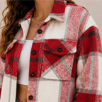 Close-up of the women's wine red plaid flannel button-up jacket highlighting the soft brushed fabric, button-front closure, chest pocket, and classic plaid pattern.
