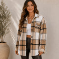 Women's apricot plaid flannel button-up jacket featuring a cozy brushed finish, relaxed oversized fit, shirt collar, and button-front closure.