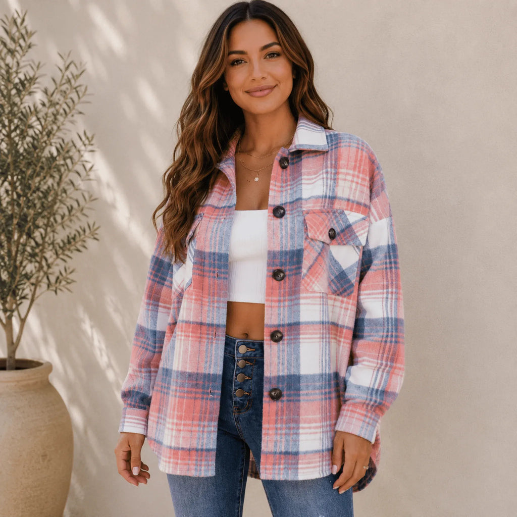 Women's blue pink plaid flannel button-up jacket featuring an oversized fit, button-front closure, long sleeves, and classic plaid pattern.