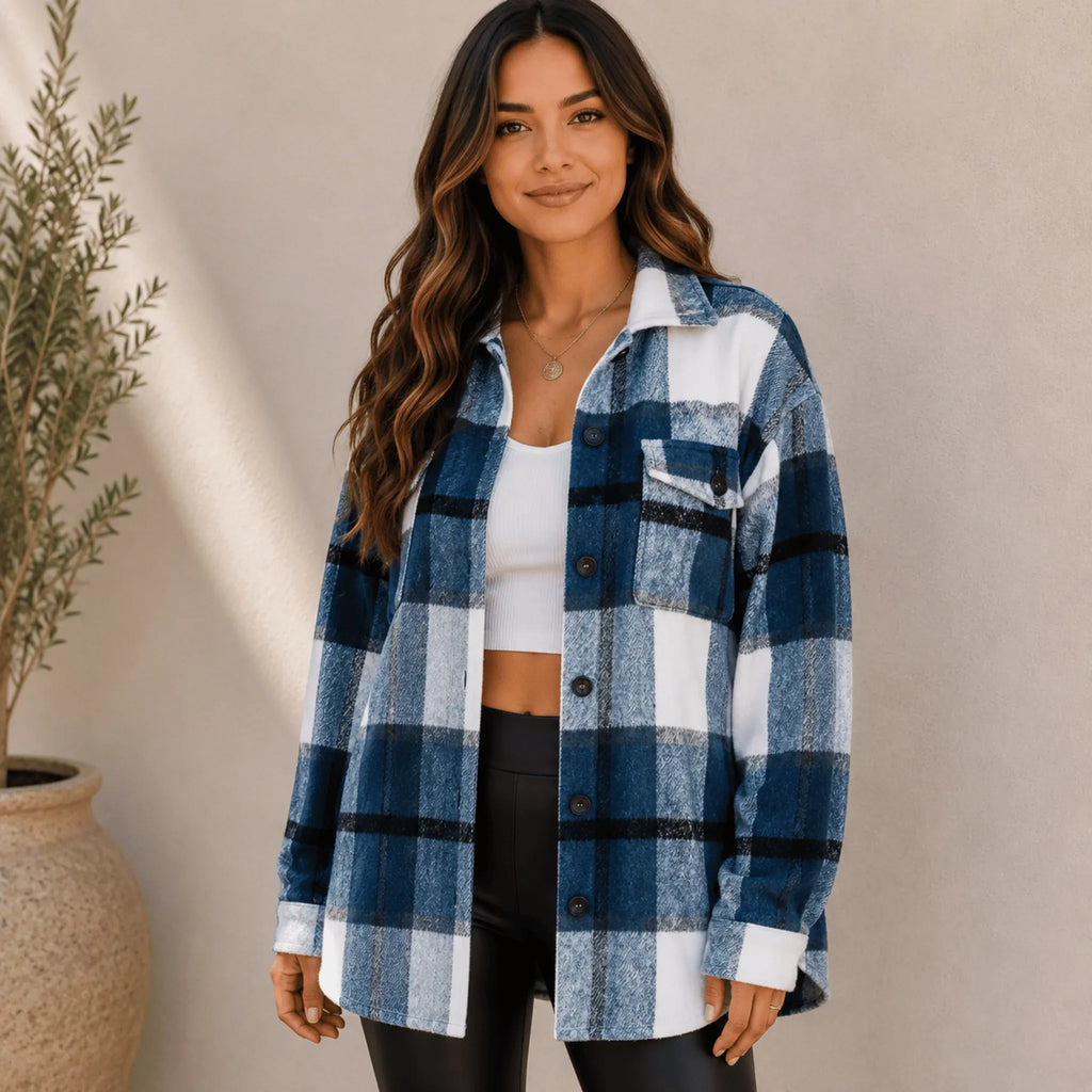 Women's blue plaid flannel button-up jacket featuring a relaxed fit, classic shirt collar, chest pockets, and button-front closure.