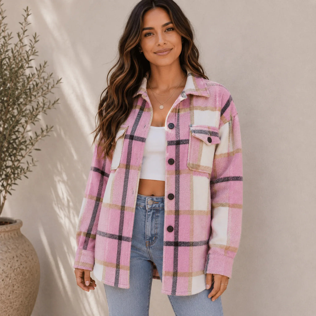 Women's pink plaid flannel button-up jacket with a loose fit, long sleeves, button-front closure, and soft brushed flannel fabric.