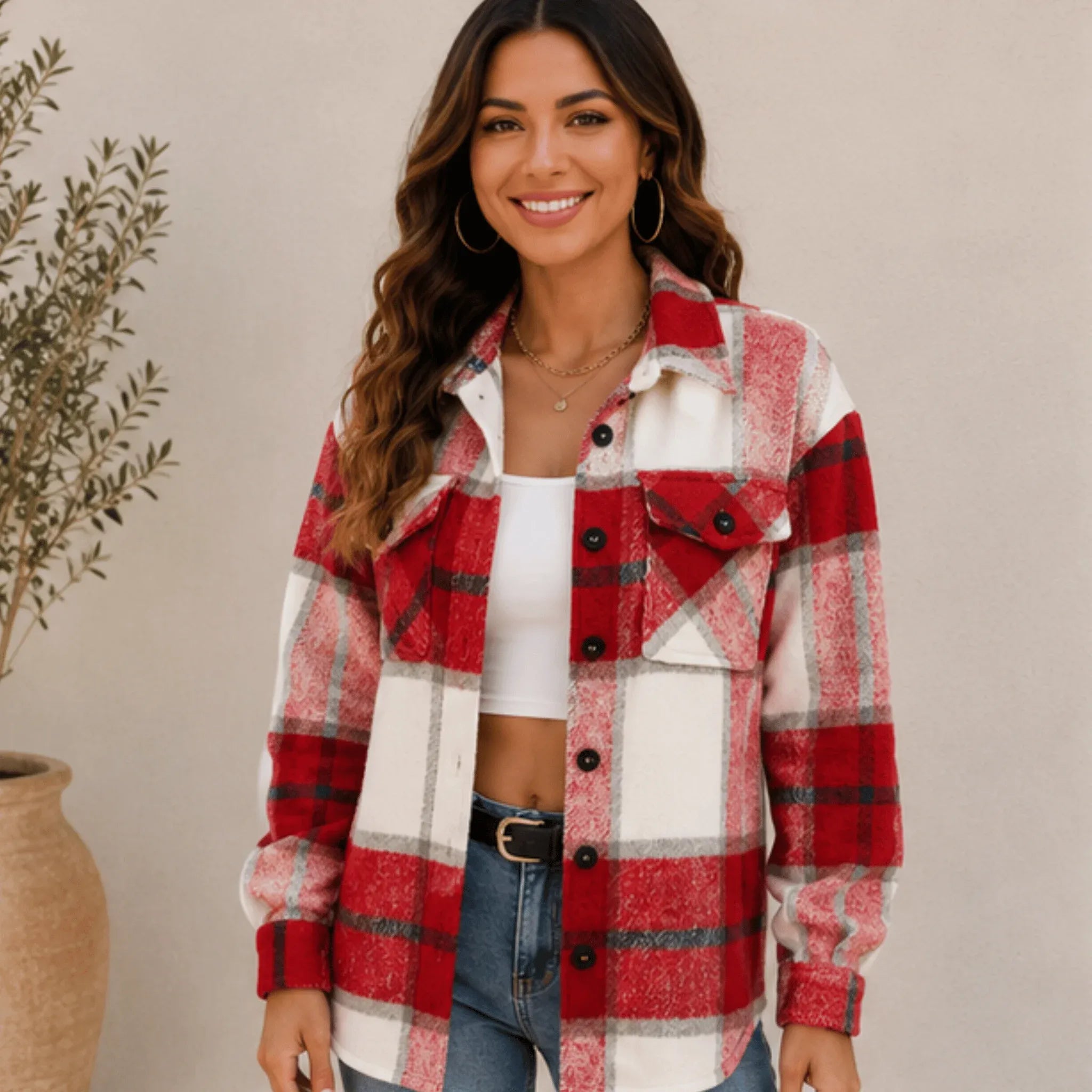 Women's wine red plaid flannel button-up jacket featuring a relaxed oversized fit, button-front closure, shirt collar, and chest flap pockets.