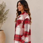Side view of the women's wine red plaid flannel button-up jacket showcasing its relaxed oversized fit, long sleeves, curved hem, and brushed flannel fabric.