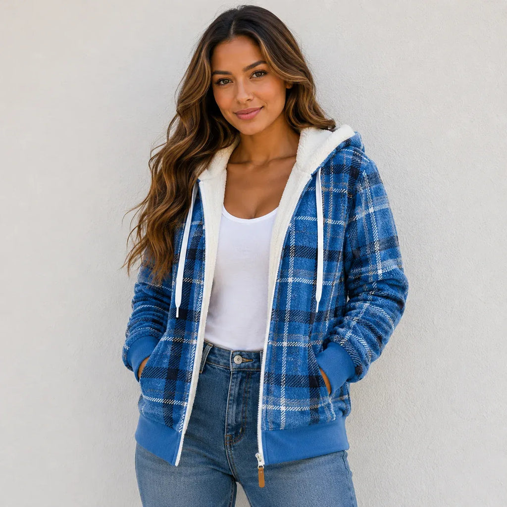 Women's blue plaid fleece-lined hooded zip-up jacket with front zipper and sherpa-lined hood