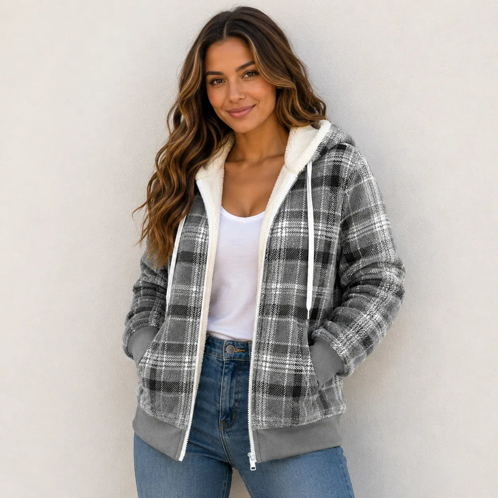 Women's gray plaid fleece-lined hooded zip-up jacket with front zipper and cozy sherpa lining