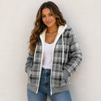 Women's gray plaid fleece-lined hooded zip-up jacket with front zipper and cozy sherpa lining