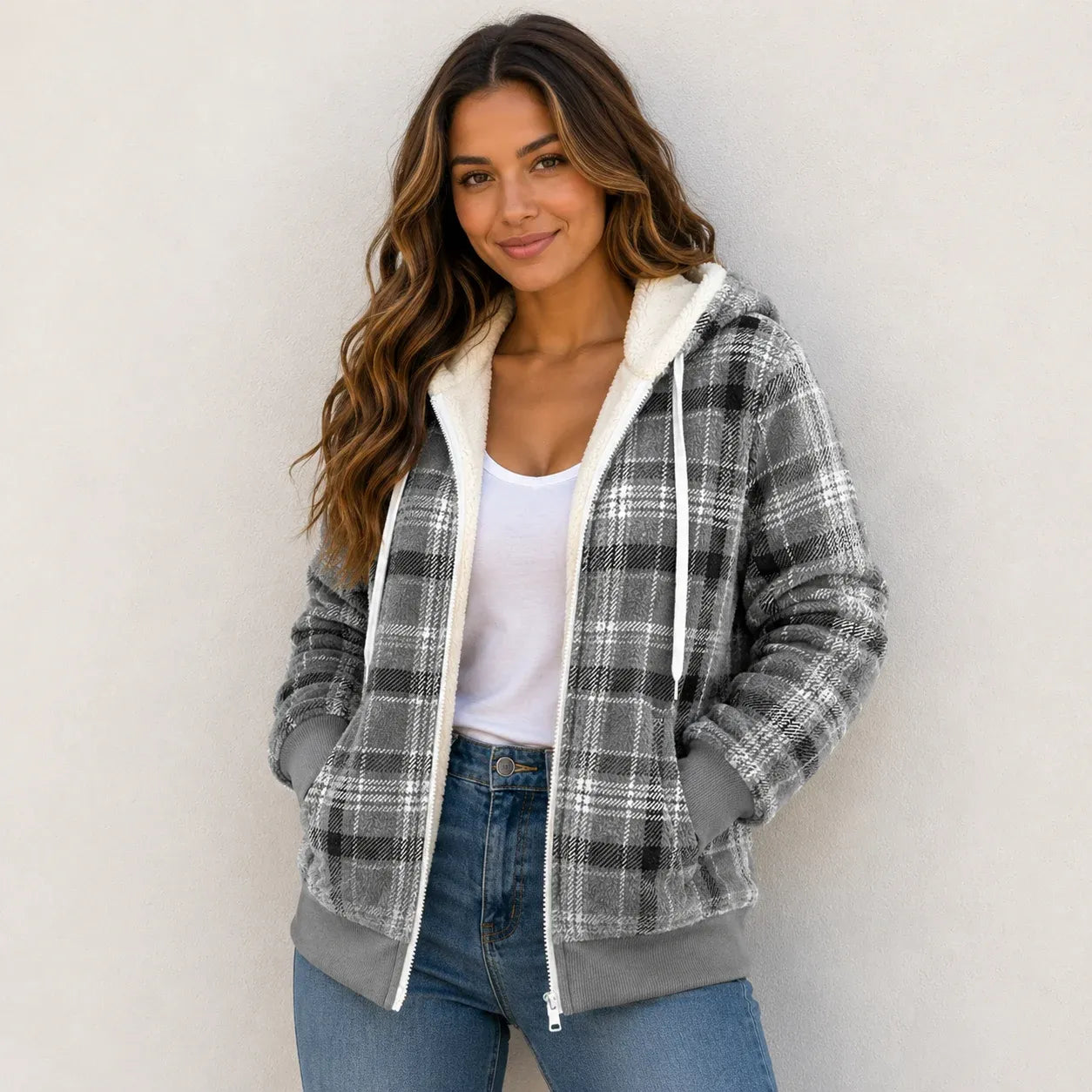 Women's gray plaid fleece-lined hooded zip-up jacket with front zipper and cozy sherpa lining