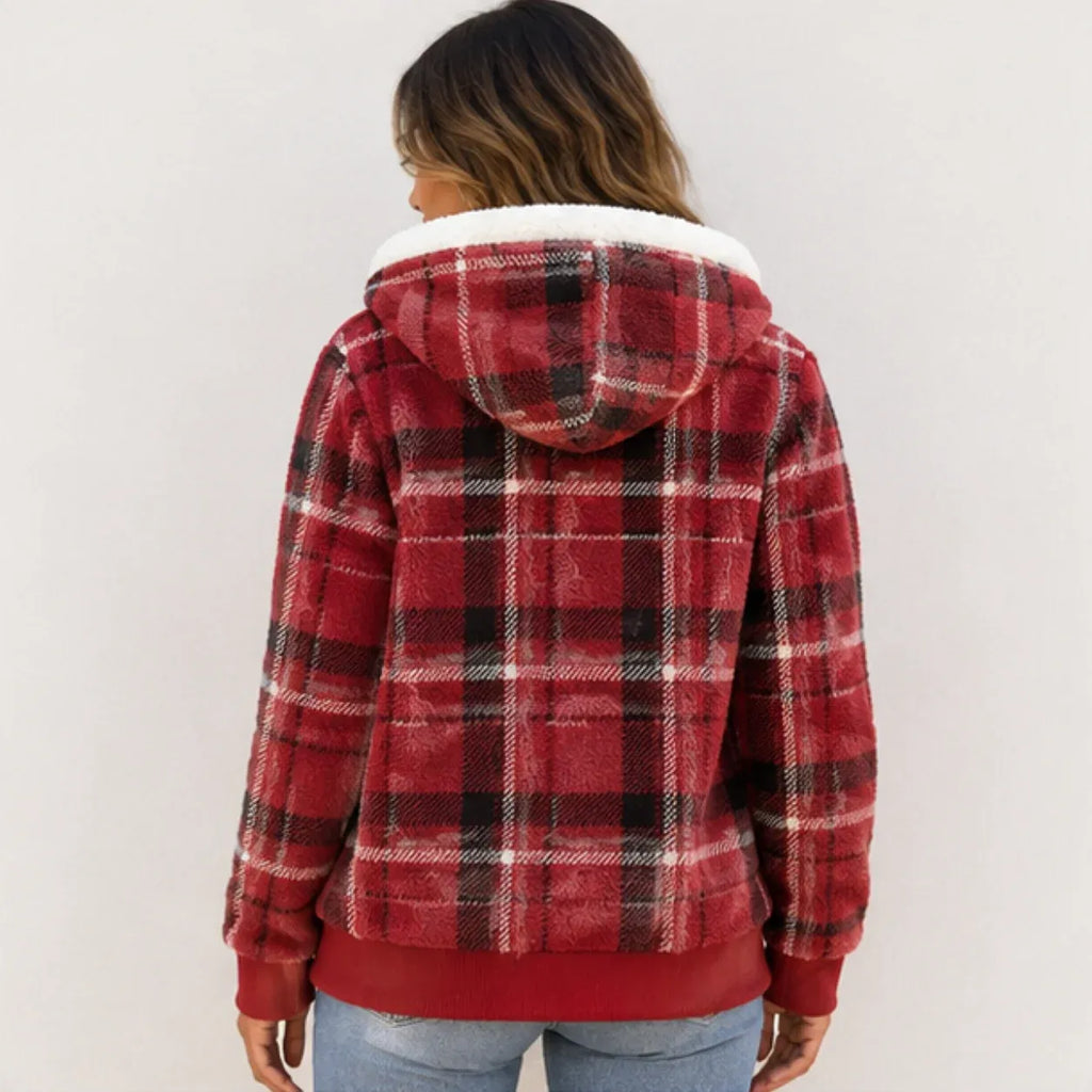 Back view of women's red plaid fleece-lined hooded zip-up jacket with cozy sherpa-lined hood