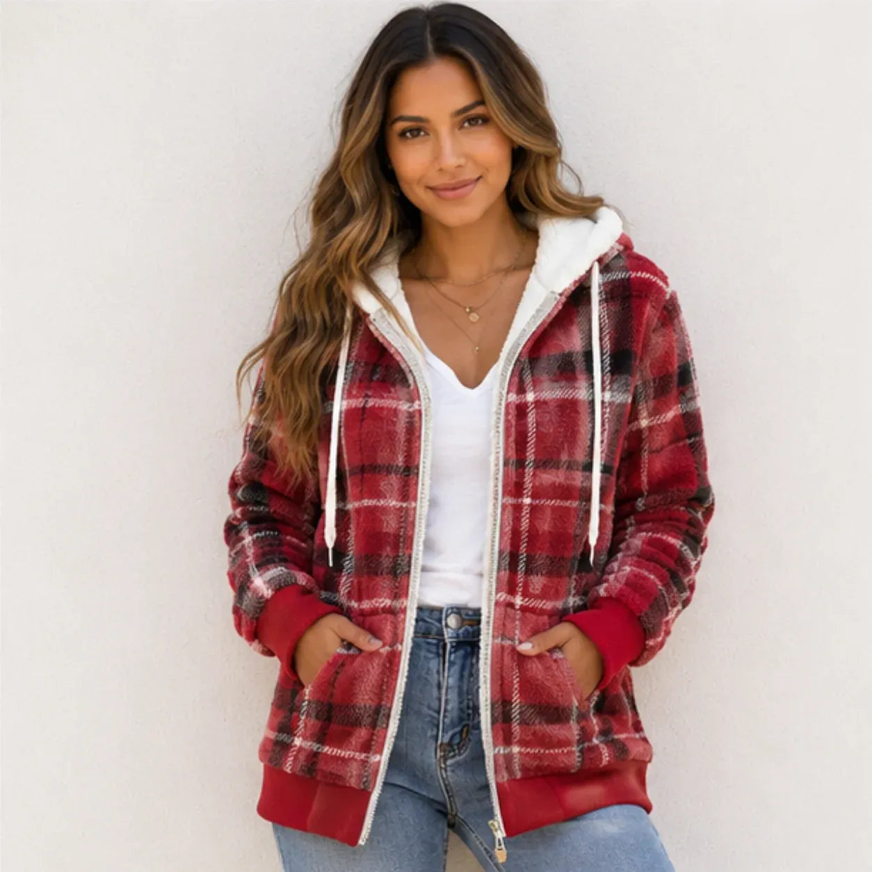 Women's red plaid fleece-lined hooded zip-up jacket with sherpa-lined hood and front pockets