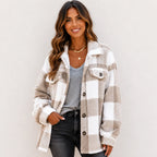 Khaki and white plaid plush fleece button-down jacket on model