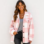 Pink and white plaid plush fleece button-down jacket on model