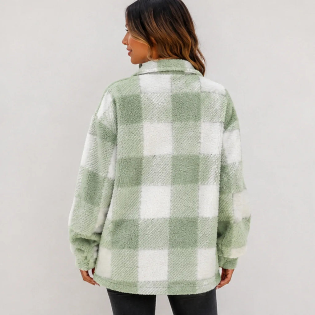 Back view of sage green and white plaid plush fleece button-down jacket