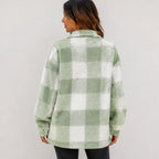 Back view of sage green and white plaid plush fleece button-down jacket