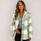 Sage green and white plaid plush fleece button-down jacket on model
