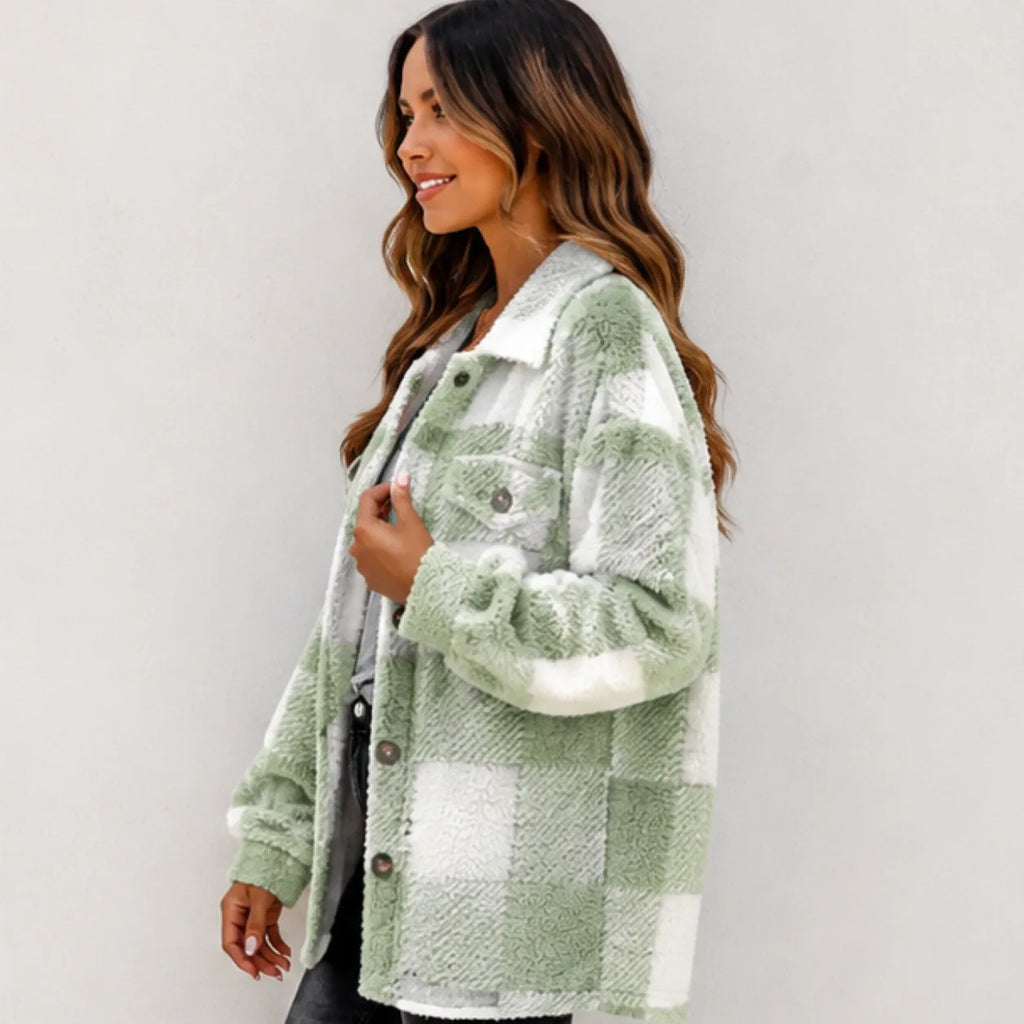 Side view of sage green and white plaid plush fleece button-down jacket