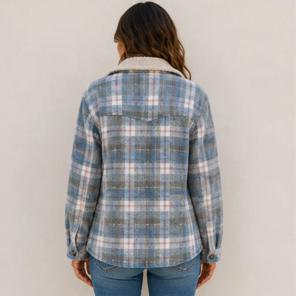 Sky blue stripe plaid sherpa-lined shirt jacket shown from the back