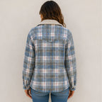 Sky blue stripe plaid sherpa-lined shirt jacket shown from the back