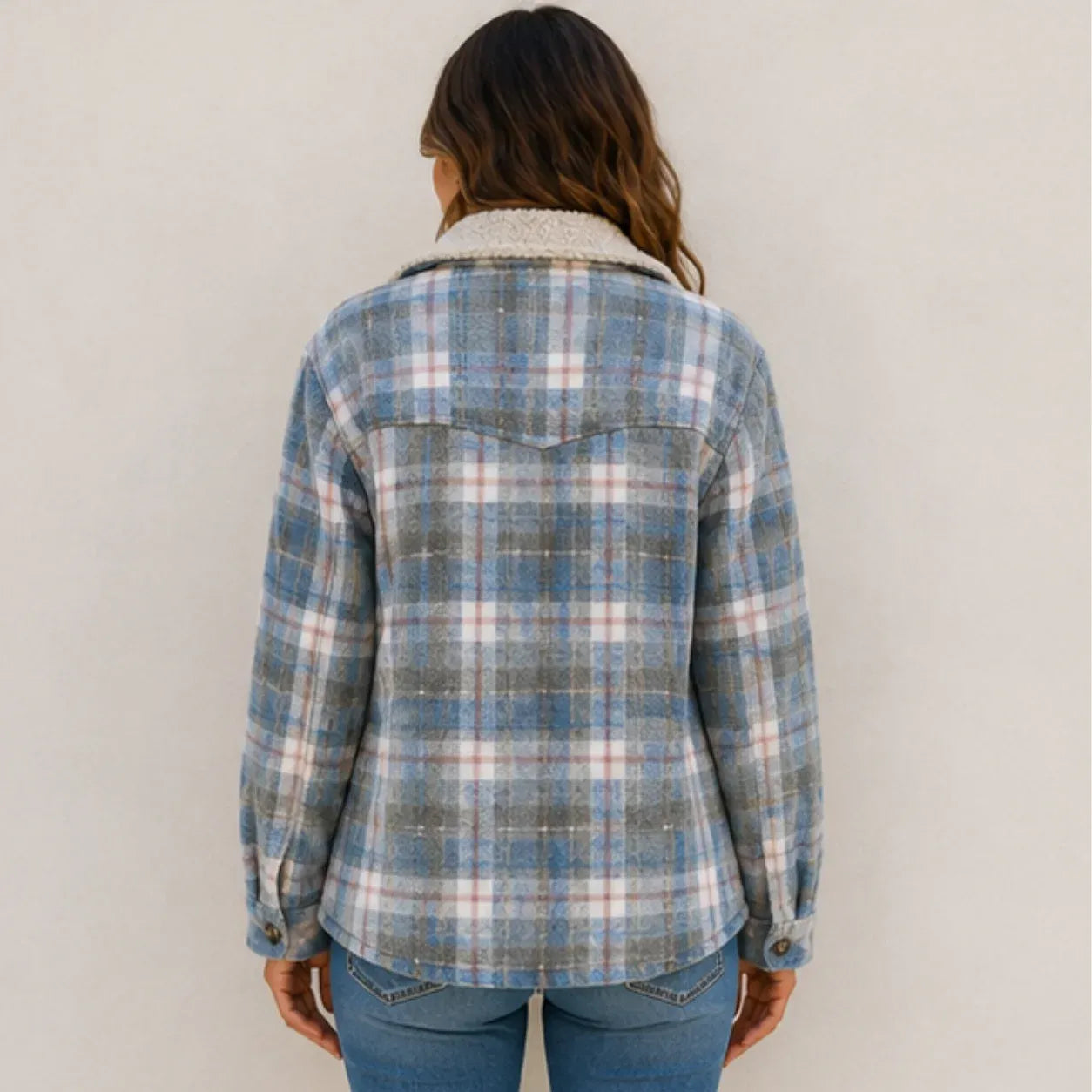 Sky blue stripe plaid sherpa-lined shirt jacket shown from the back