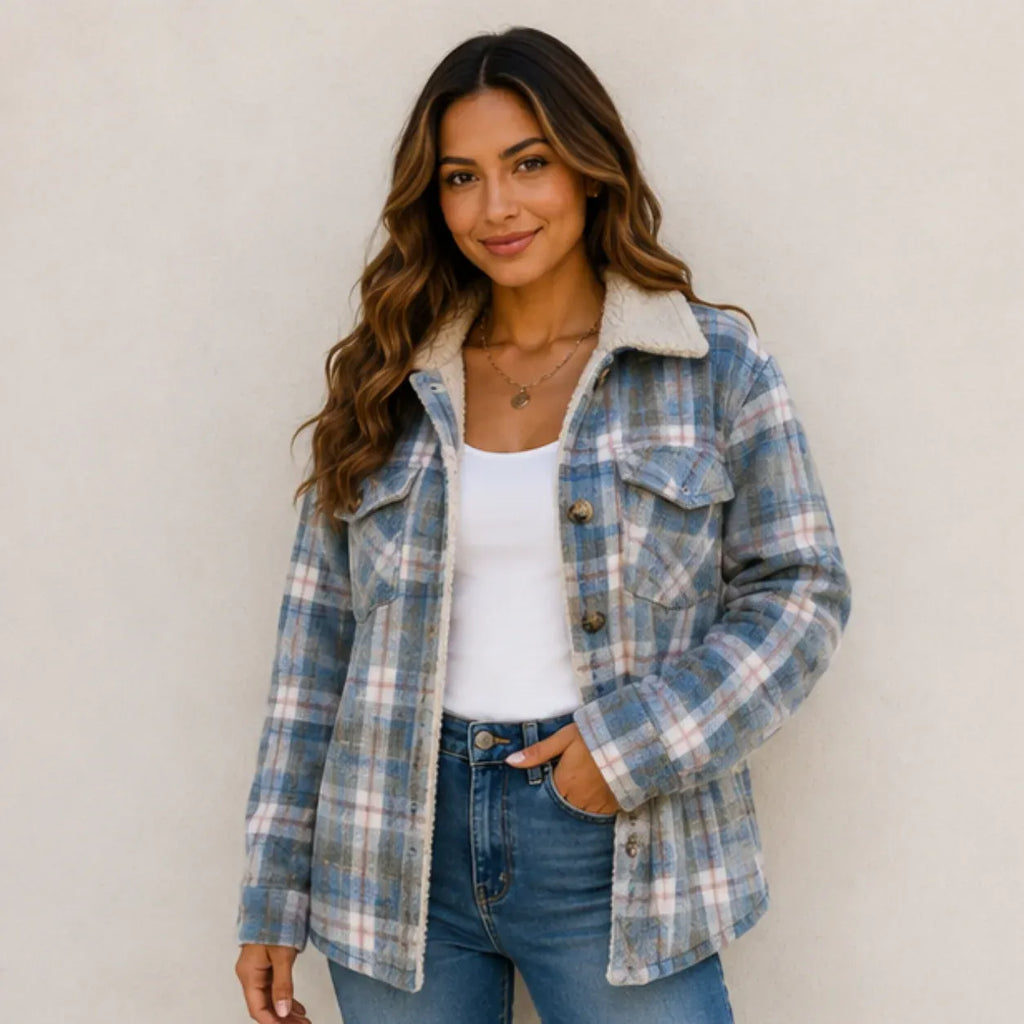 Sky blue stripe plaid sherpa-lined shirt jacket shown from the front
