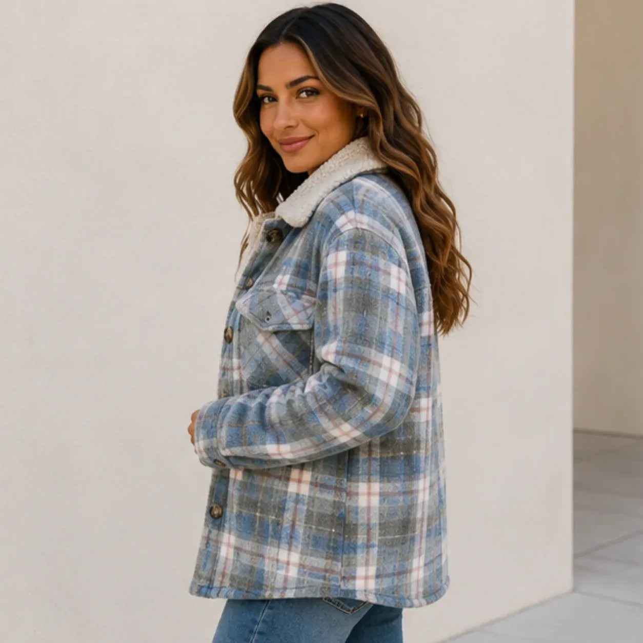 Sky blue stripe plaid sherpa-lined shirt jacket shown from the side