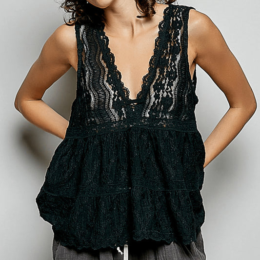 POL black sleeveless top featuring elegant scalloped lace and a deep V-neck.