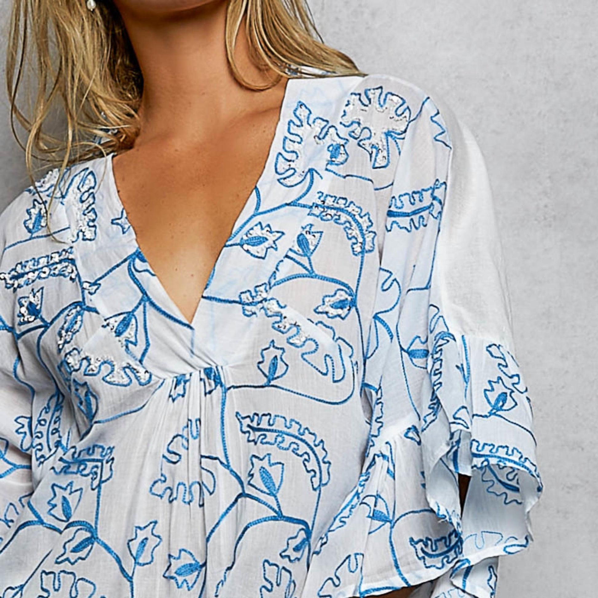 POL ivory multi floral tiered ruffle dress with blue accents — complete presentation.