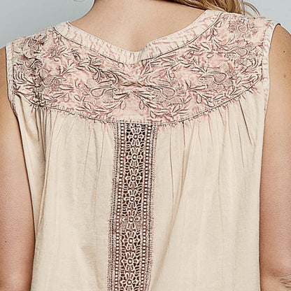 Detailed close-up of the intricate crochet contrast on the POL tank top.