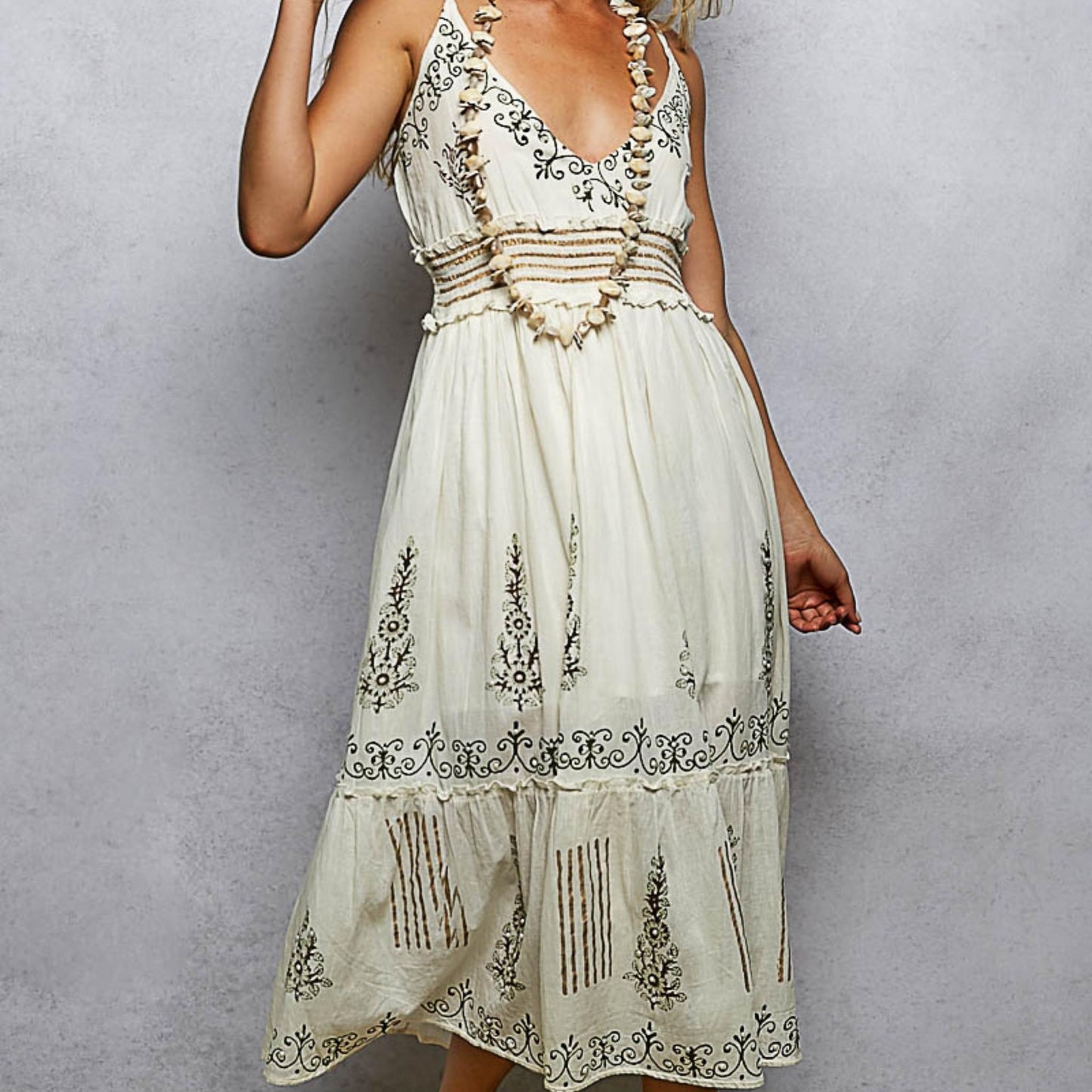 POL natural floral midi cami dress with v-neck and ruffle detail — front view.