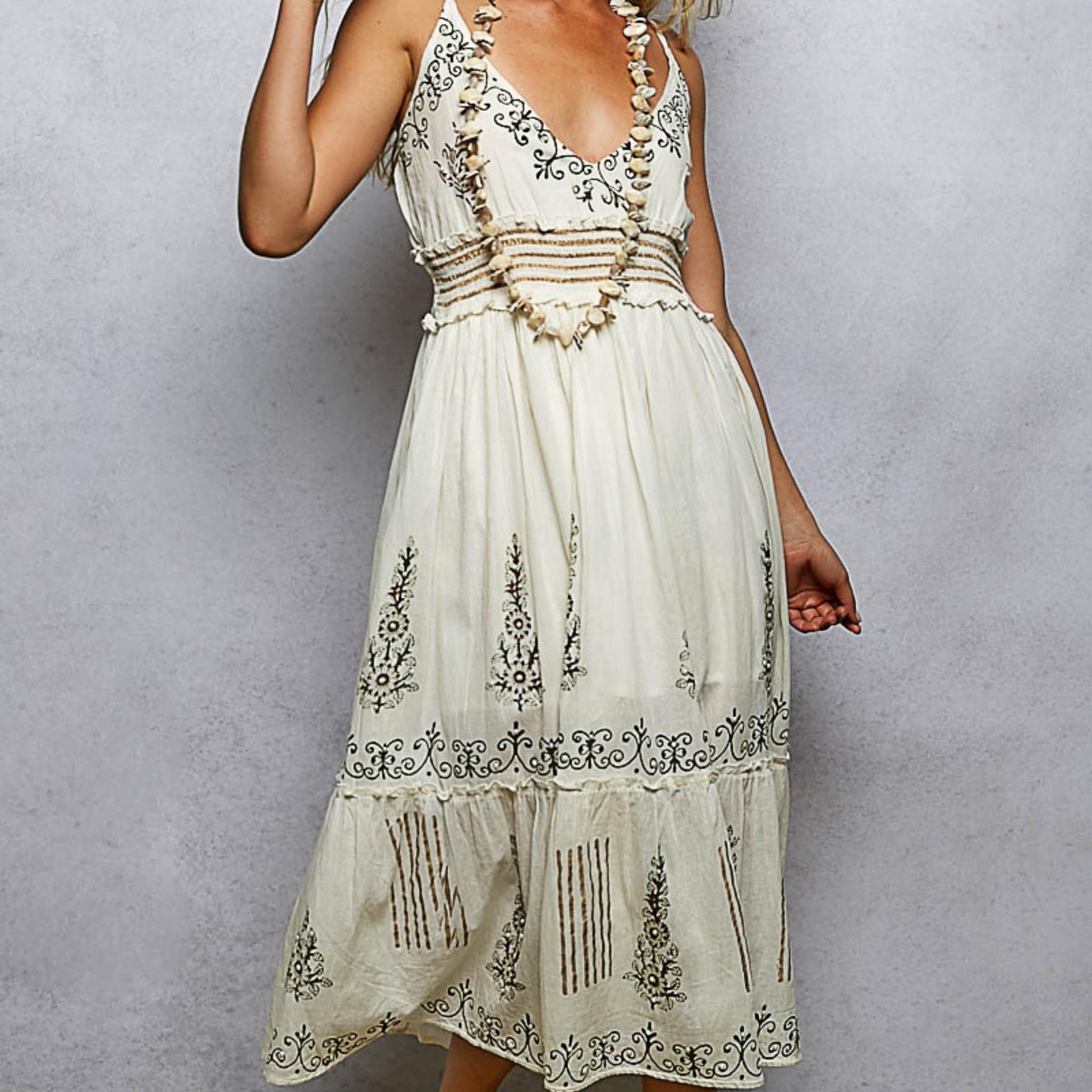 POL natural floral midi cami dress with v-neck and ruffle detail — front view.