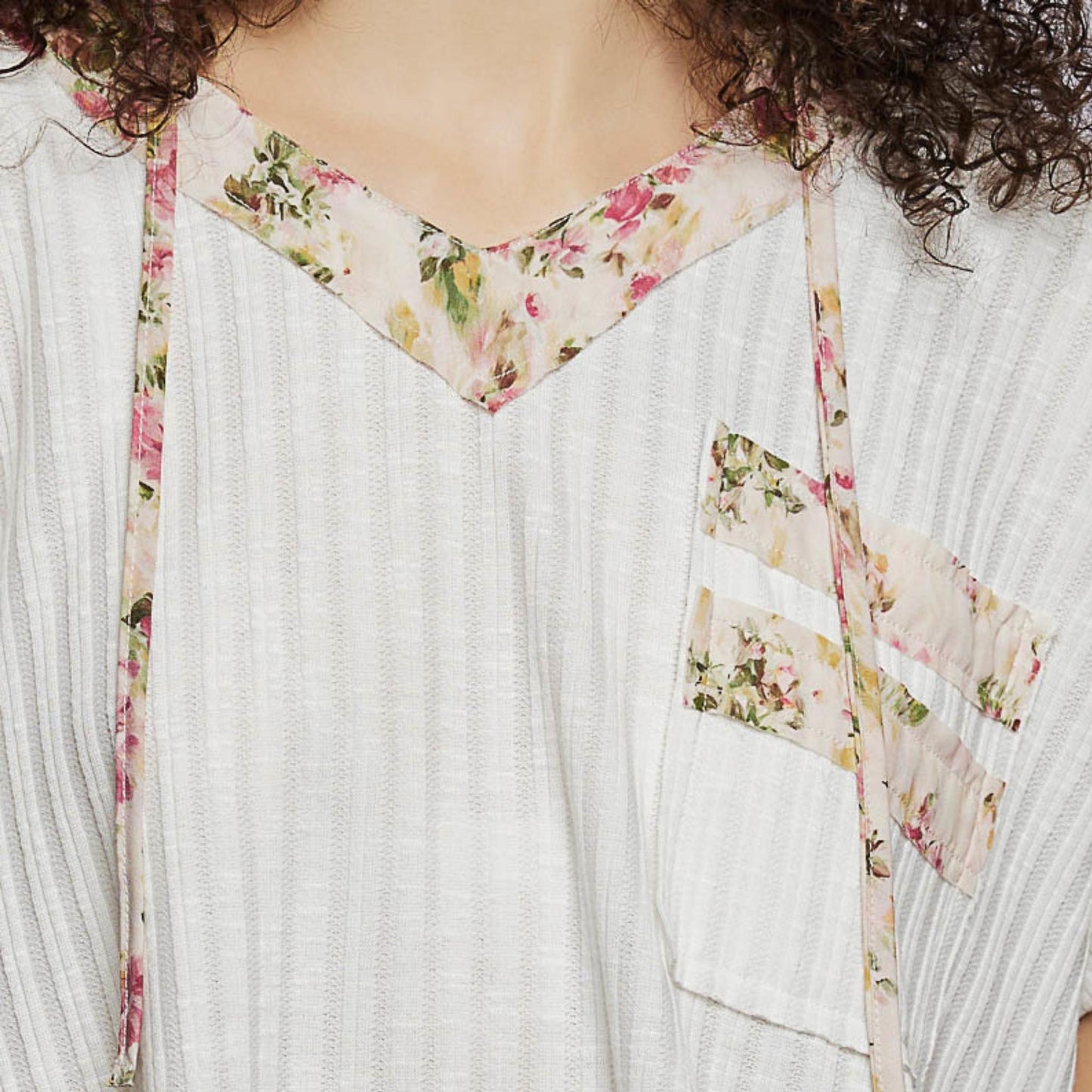POL off white short sleeve hooded top with hood and pocket — detail close-up.