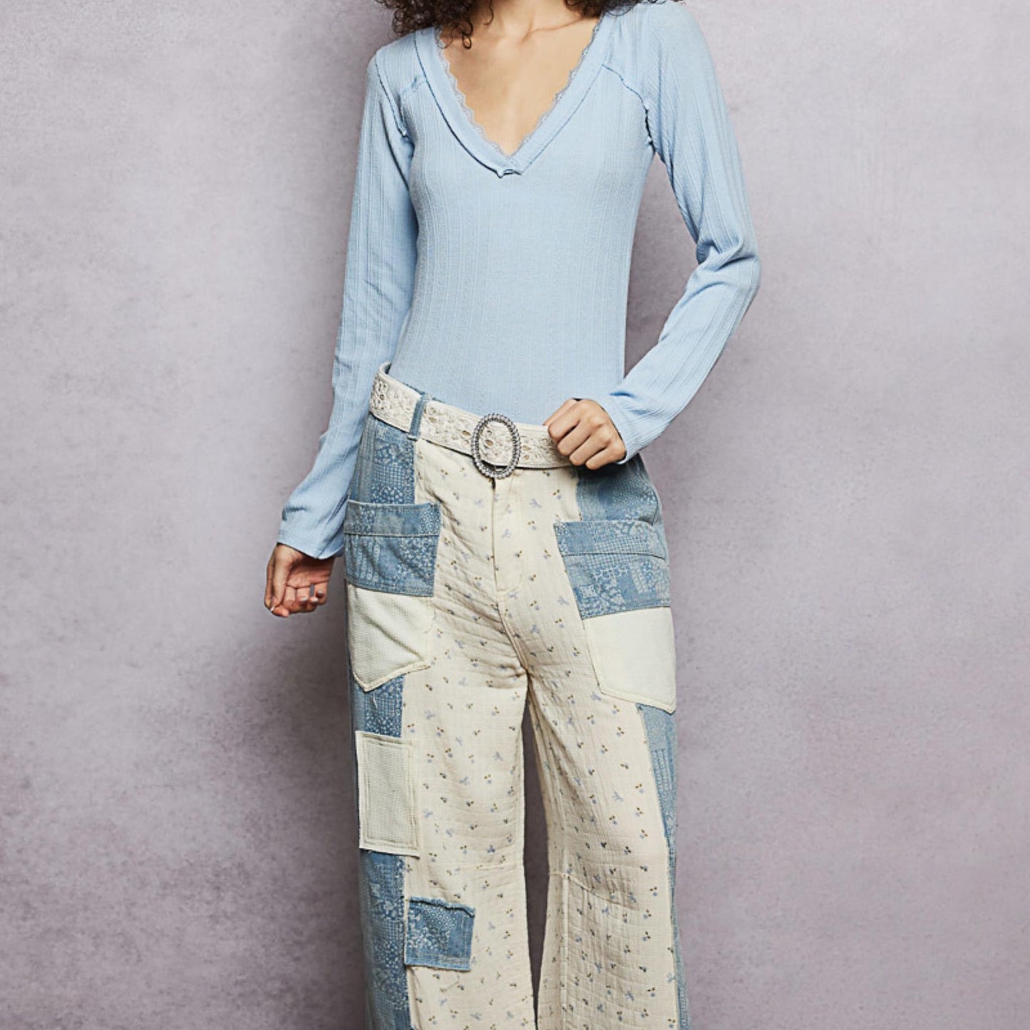 POL powder blue v-neck long sleeve ribbed top — front view.