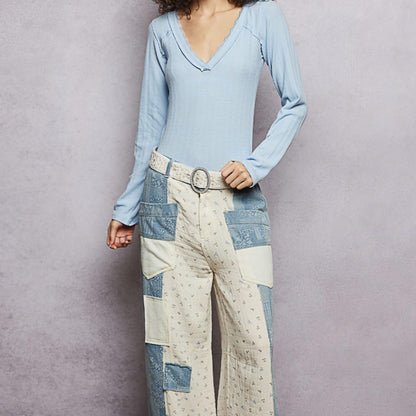 POL powder blue v-neck long sleeve ribbed top — front view.