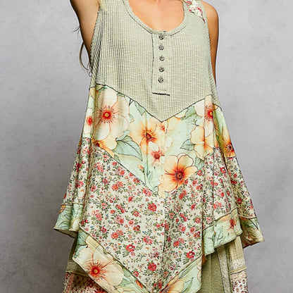 POL powder olive ribbed tank with woven floral print patch — frontal display.