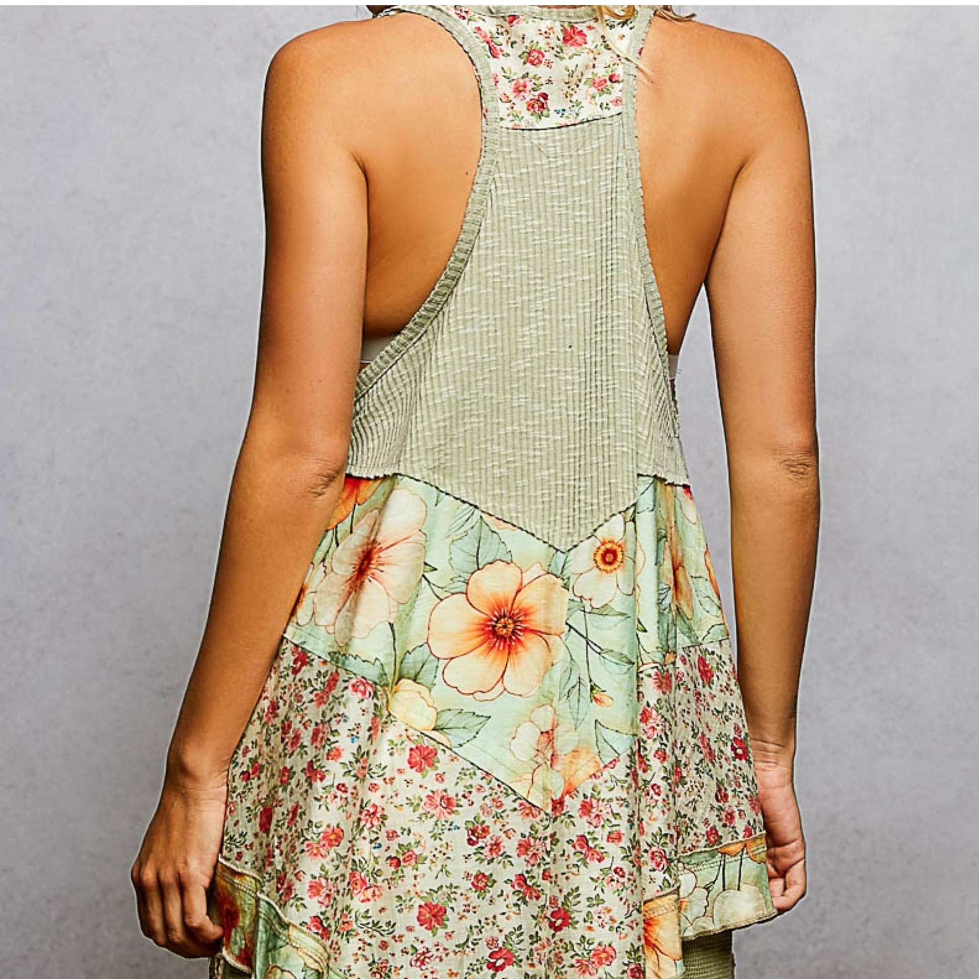 POL powder olive ribbed tank in vintage wash — back view.