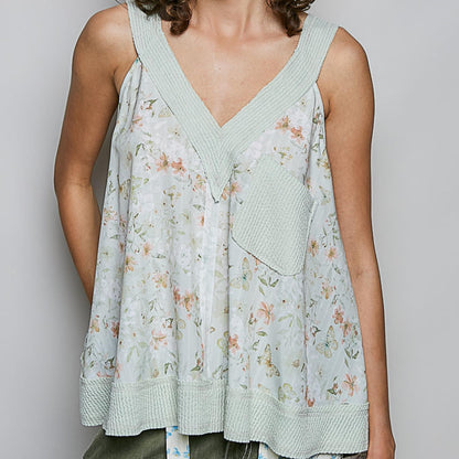 POL floral V-neck tank in sage multi with a functional front pocket.