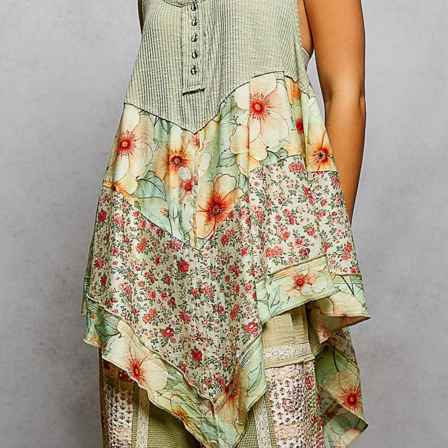 POL powder olive ribbed tank with metal button detail — front view.