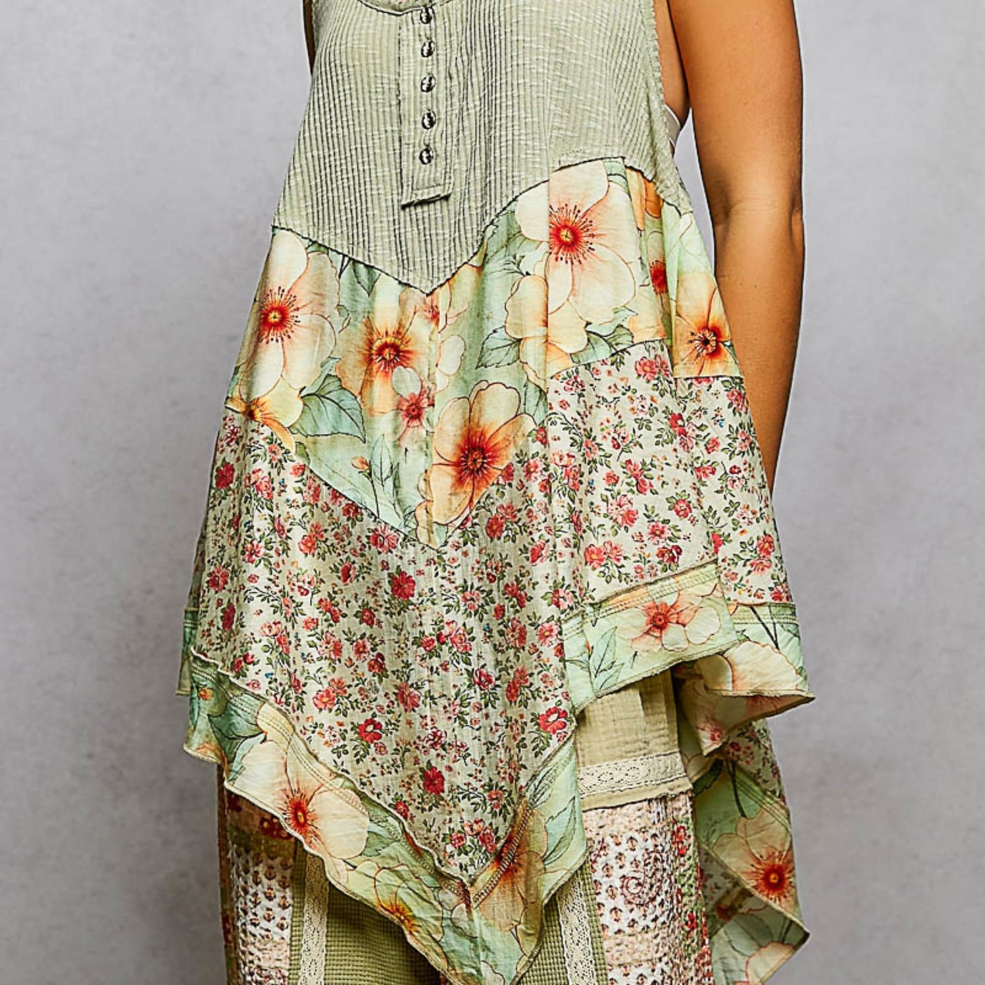 POL powder olive ribbed tank with metal button detail — front view.