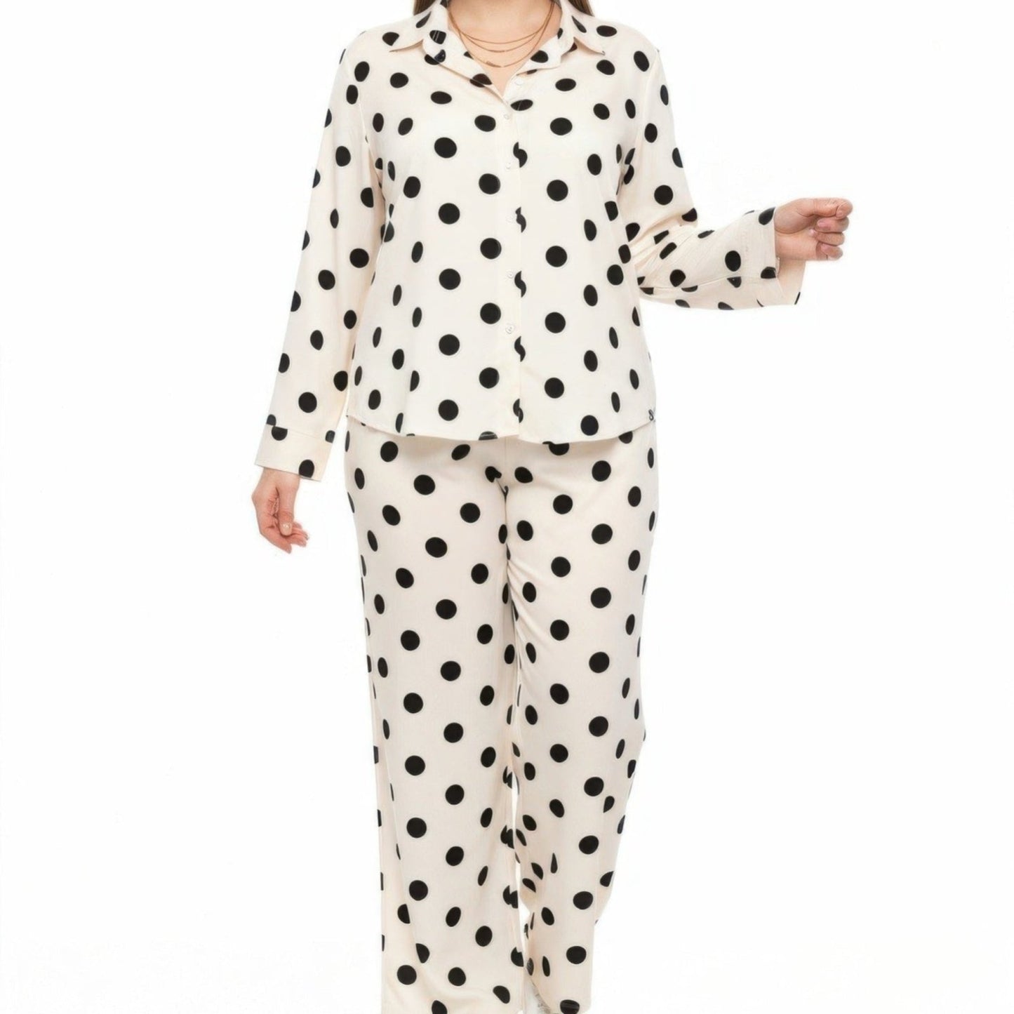 Polka Dot Button-Up Top & Wide-Leg Pants Set - Beige, Brown & Navy Blue-Solazura Boutique - Solazura Boutique