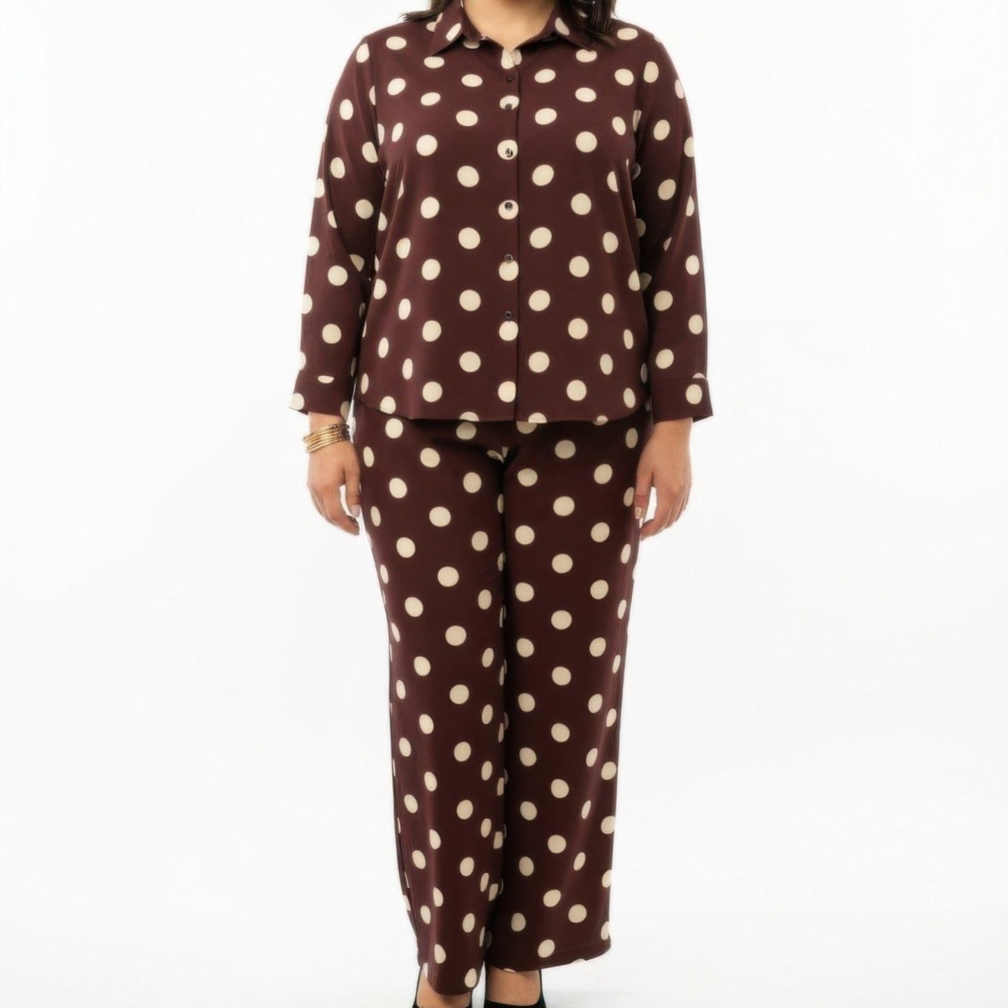 Polka Dot Button-Up Top & Wide-Leg Pants Set - Beige, Brown & Navy Blue-Solazura Boutique - Solazura Boutique