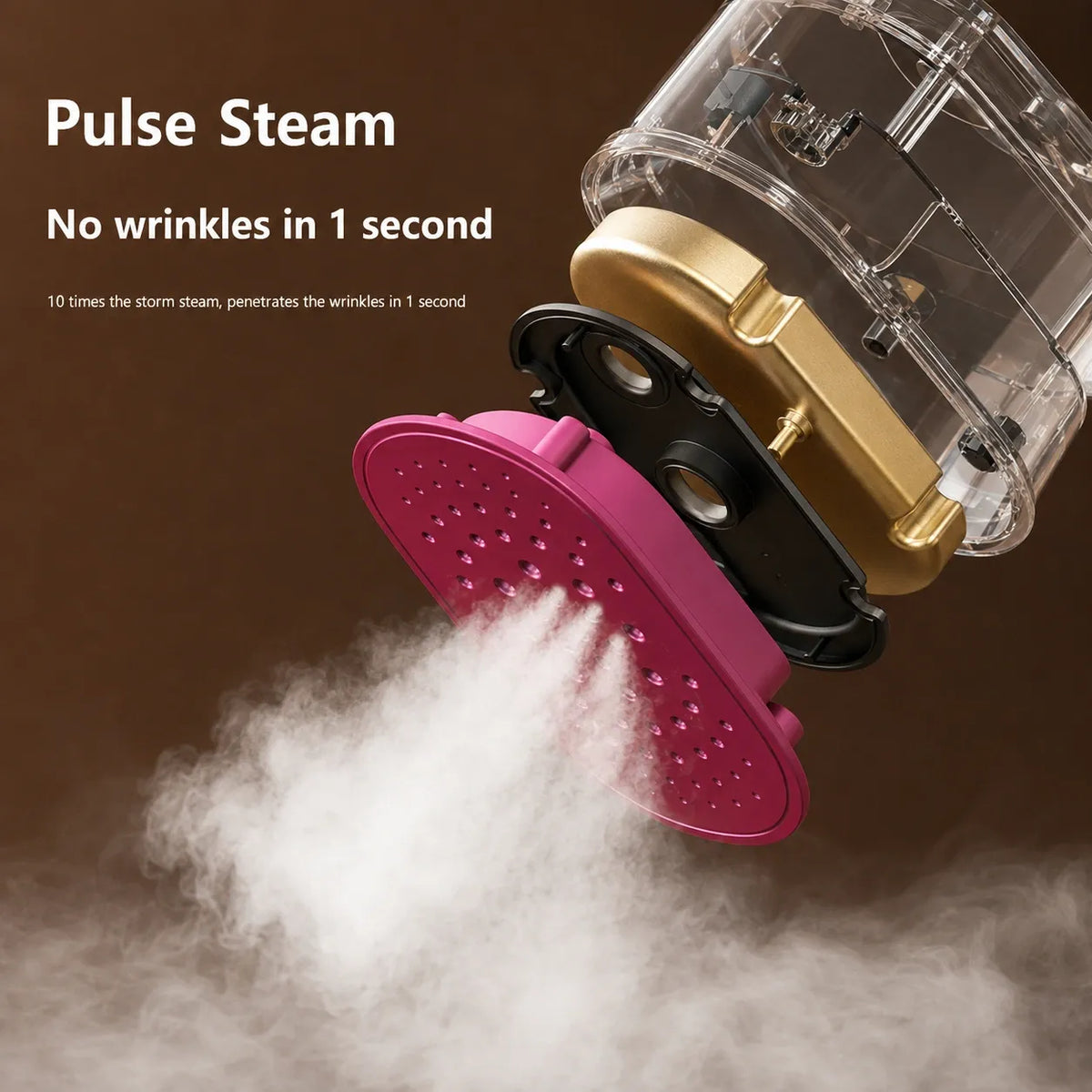 Close-up of portable clothes steamer steam plate with multiple steam vents