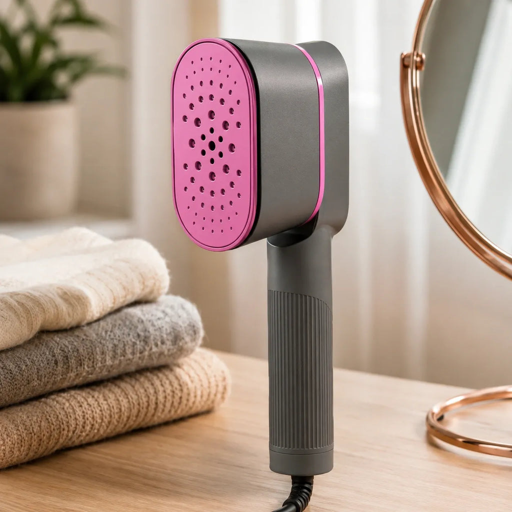 Portable clothes steamer in gray and pink for wrinkle removal